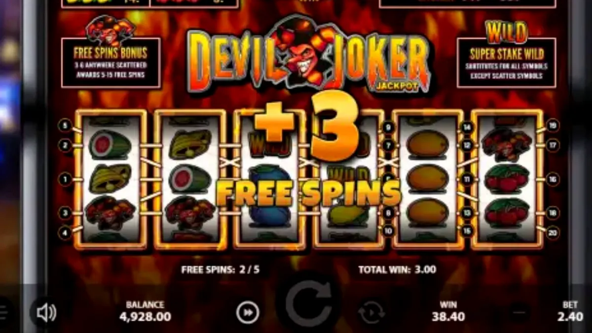 Interface do jogo Devil Joker Jackpot com símbolos de frutas e o personagem Joker