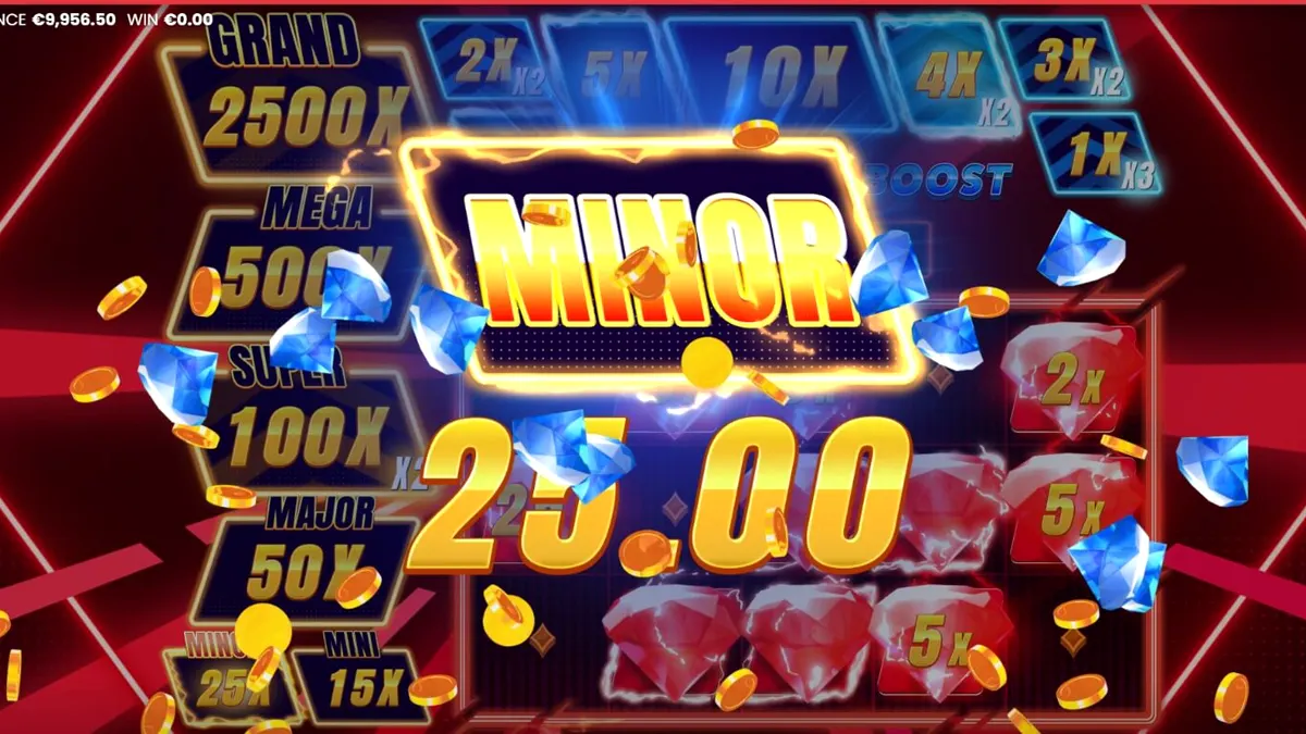 Interface futurista do slot Triple Cash Boost com símbolos de frutas neon